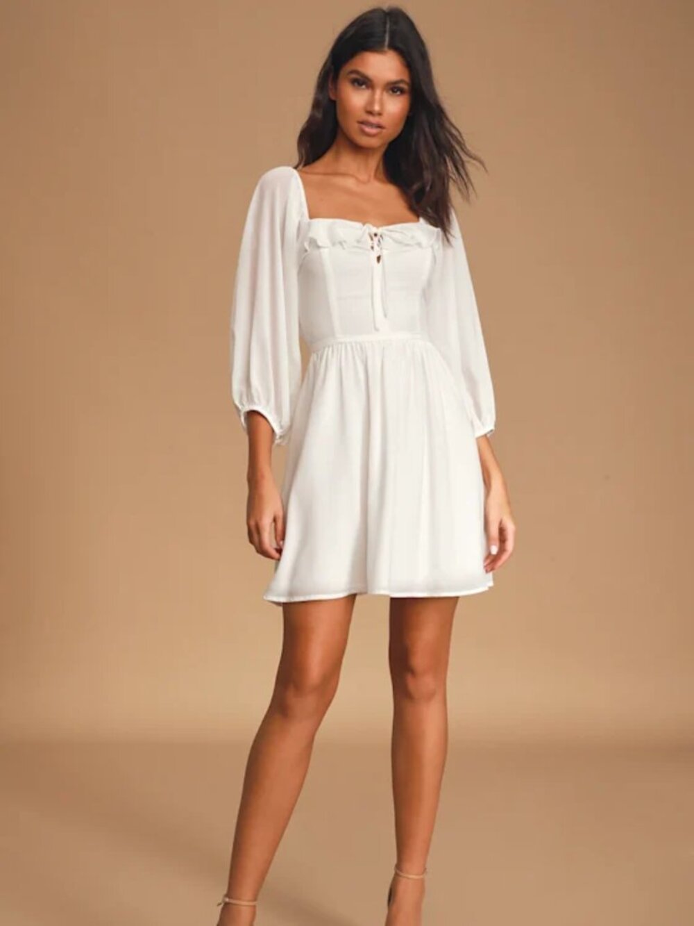 White Smocked Three-Quarter Sleeve Mini Dress